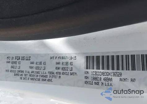 2016 Chrysler 200 Limited z USA, uszkodzony, nr VIN 1C3CCCAB3GN136520